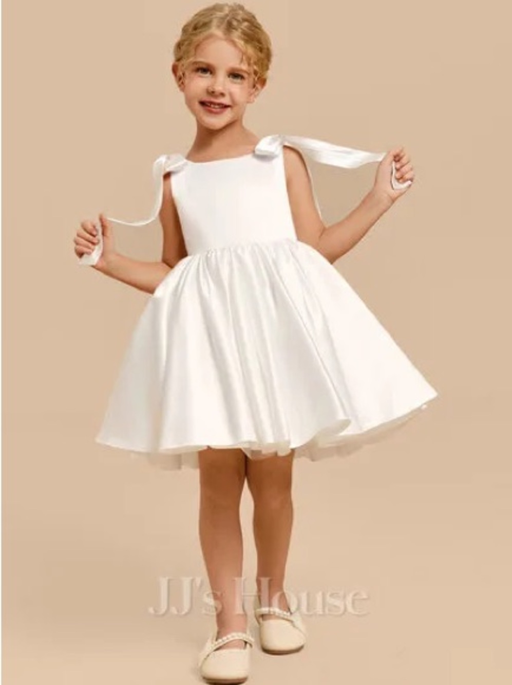 JJs House White Satin Flower Girl Dress with Shoulder Ties